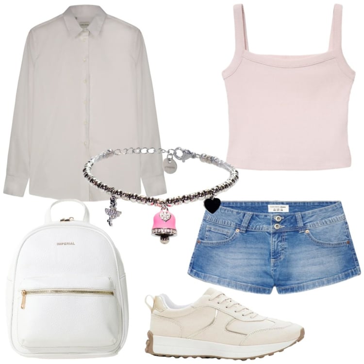 Outfit donna - Una camicia e sei in vacanza. Stile Basic per Tutti i giorni. Abbinamento con sneakers, canottiere, shorts, zaini, camicie, braccialetti.