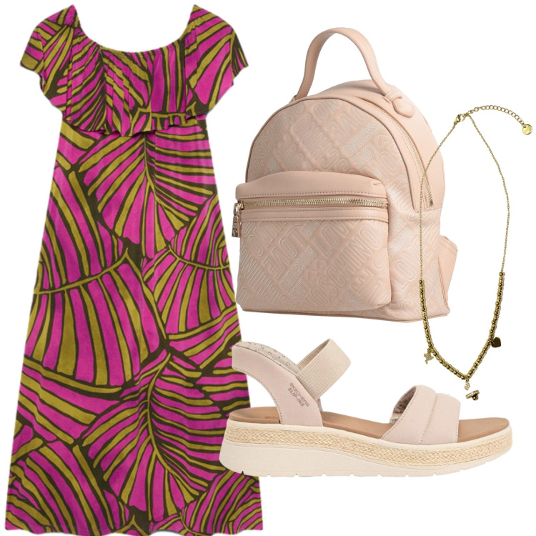 Outfit donna - L\'abito tropicale. Stile Etnico per Ufficio. Abbinamento con zaini, sandali, vestiti lunghi, ciondoli.