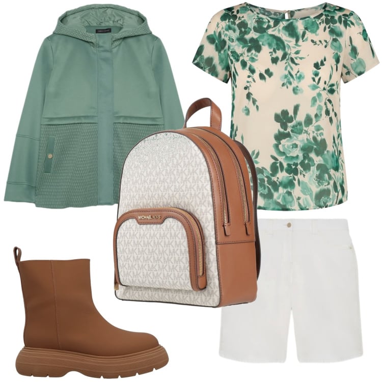 Outfit donna - T-shirt floreale. Stile Glamour per Tutti i giorni. Abbinamento con zaini, stivaletti, bluse, blazer, bermuda.