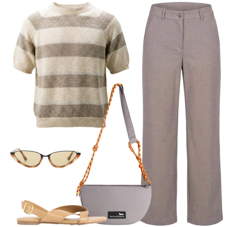 Outfit donna - Sette di sera. Stile Casual per Tutti i giorni. Abbinamento con sandali, maglieria, pantaloni, borse a tracolla, occhiali da sole.