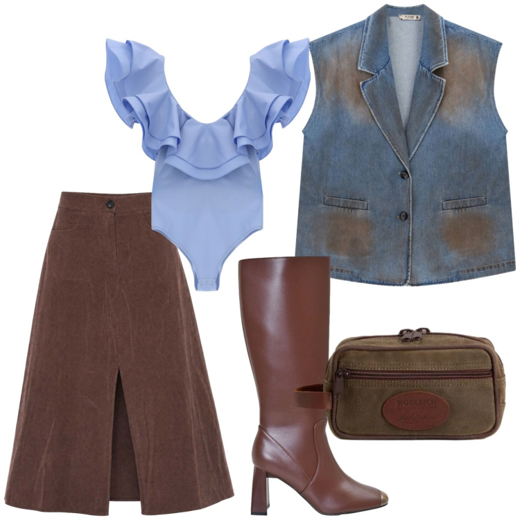 Outfit donna - Drappeggi e Ruches. Stile Etnico per Serata fuori. Abbinamento con gonne lunghe, valigie, gilet, stivali sopra il ginocchio, top.