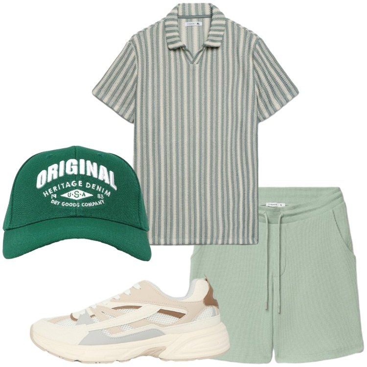 Outfit uomo - Semplice. Stile Casual per Tutti i giorni. Abbinamento con polo, sneakers, cappelli con visiera, bermuda.