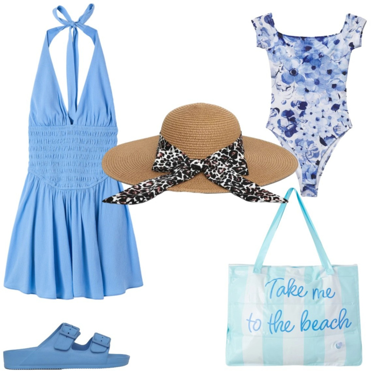 Outfit donna - Summer. Stile Chic per Mare. Abbinamento con ciabatte, top, borse tote, cappelli, tuta corta.