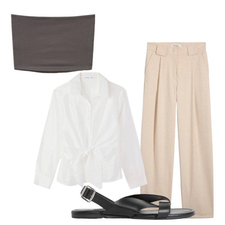 Outfit donna - Luglio. Stile Preppy per Ufficio. Abbinamento con sandali, pantaloni, camicie, top.