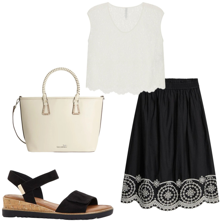 Outfit donna - Luglio in ufficio. Stile Bon Ton per Ufficio. Abbinamento con gonne longuette, sandali, shopping bag, top.