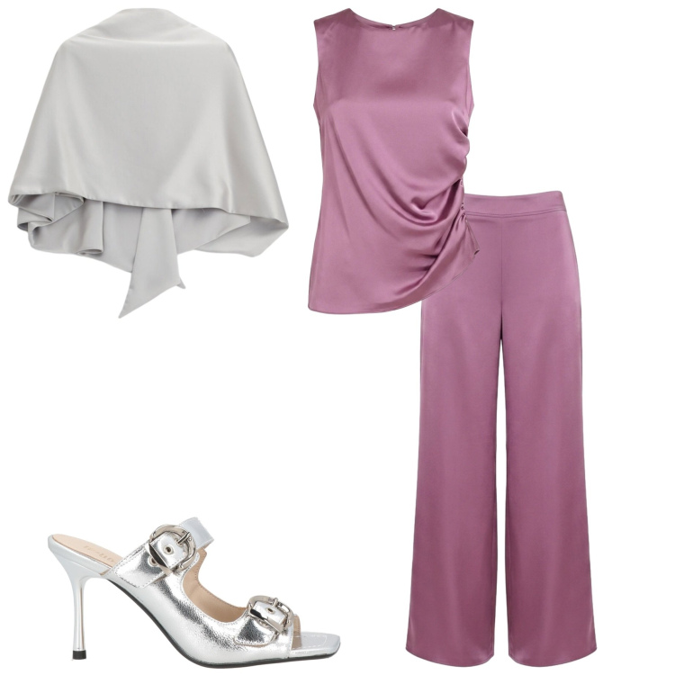 Outfit donna - Cerimonia estiva. Stile Chic per Cerimonia. Abbinamento con sandali in pelle, pantaloni a palazzo, canottiere, scialli.