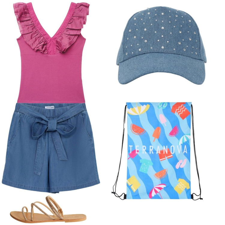 Outfit donna - Summer estate in brrmuda. Stile Casual per Mare. look ideale per Petite. Abbinamento con cappelli, sandali, shorts, top, zaini.