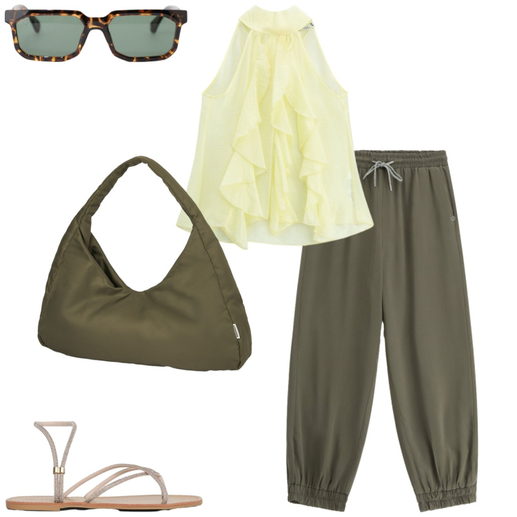 Outfit donna - In città. Stile Casual chic per Tutti i giorni. Abbinamento con sandali, occhiali da sole, top, pantaloni, borse a spalla.