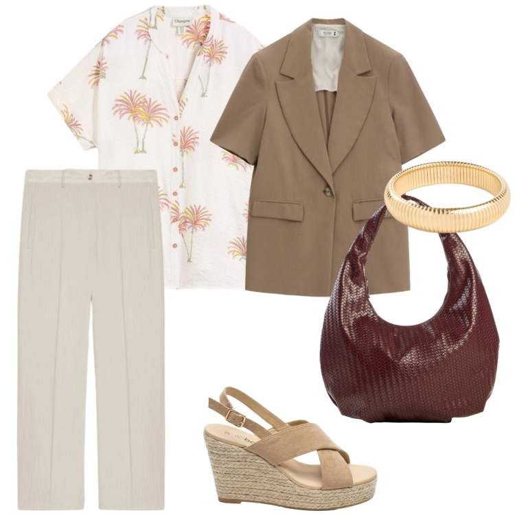 Outfit donna - Ultimi giorni di lavoro. per Ufficio. Abbinamento con sandali col tacco, braccialetti, borse a mano, camicie a manica corta, blazer, pantaloni.
