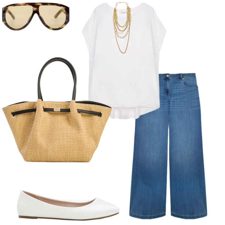 Outfit donna - In ufficio. Stile Casual chic per Ufficio. Abbinamento con shopping bag, ballerine, bluse, jeans, collane, occhiali da sole.