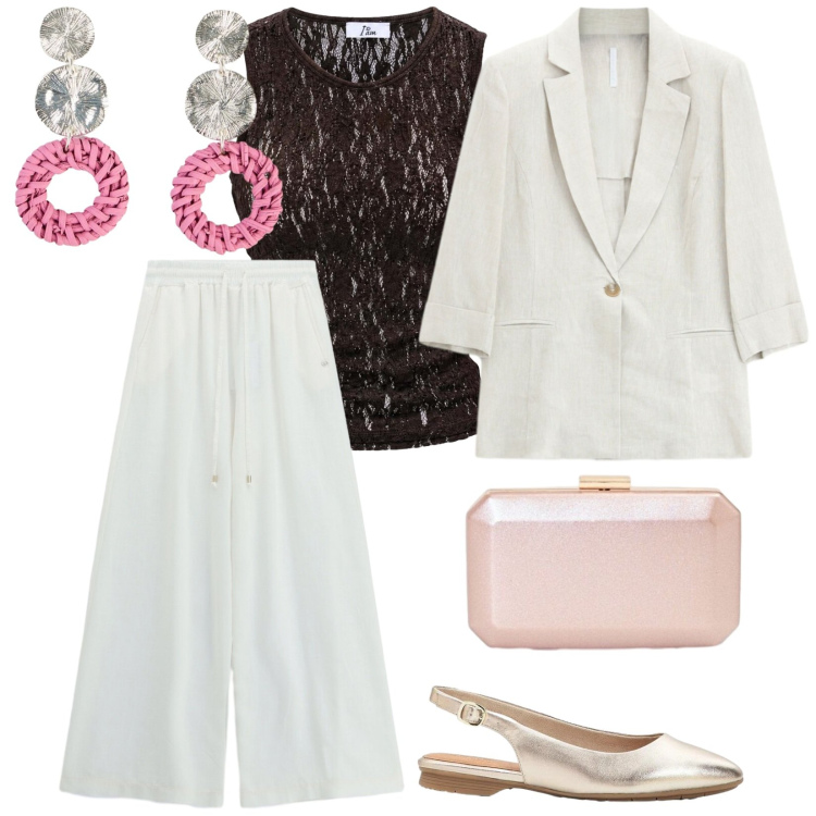 Outfit donna - Cerimonia all\'aperto. per Cerimonia. Abbinamento con orecchini, ballerine, top, pantaloni a palazzo, pochette, blazer.