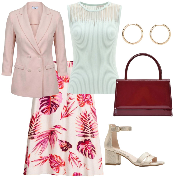 Outfit donna - Pranzo fuori. per Tutti i giorni. Abbinamento con gonne longuette, orecchini, sandali col tacco, blazer, top, borse a mano.