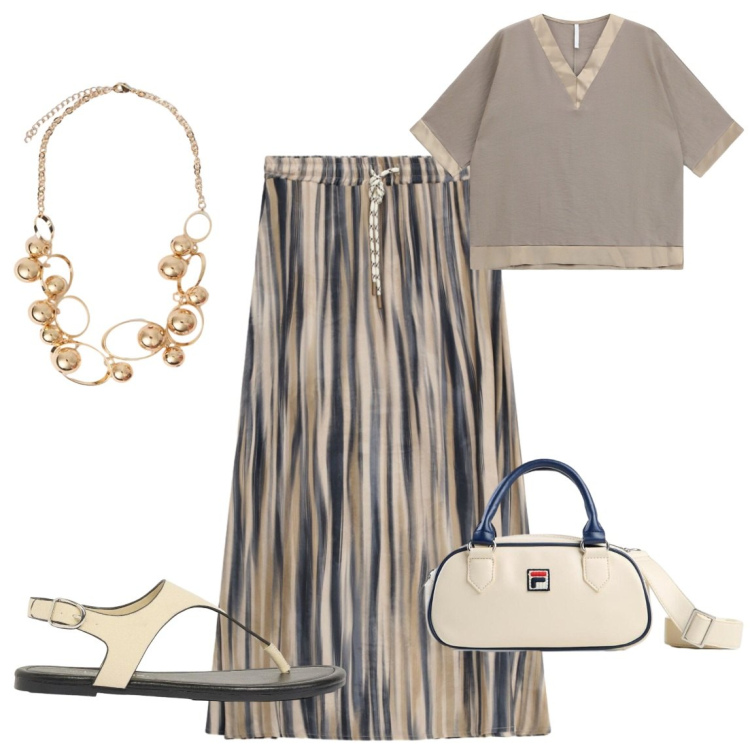 Outfit donna - occasione speciale. Stile Casual chic per Serata fuori. Abbinamento con bluse, collane, gonne lunghe, borse a tracolla, infradito.