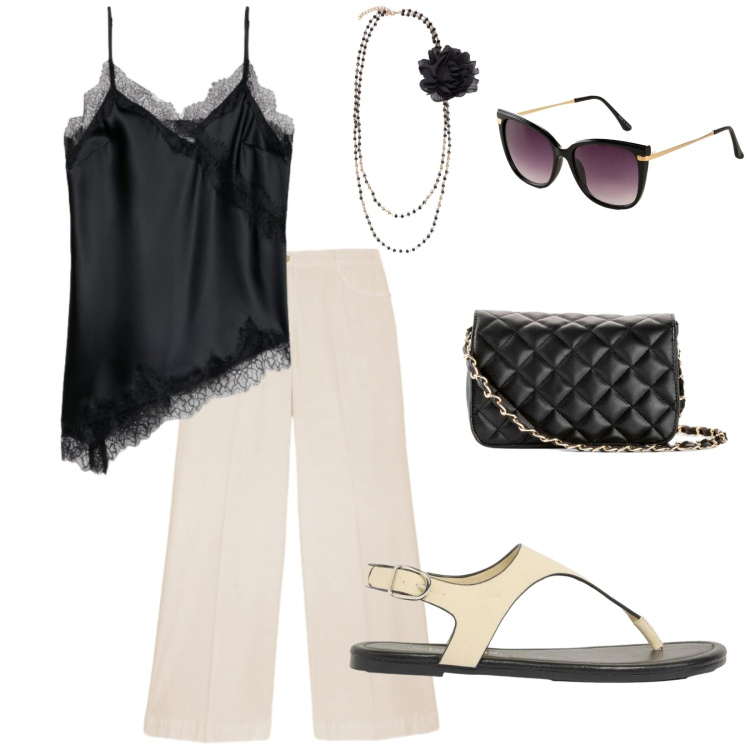 Outfit donna - Serate estive. per Serata fuori. Abbinamento con occhiali da sole, borse a tracolla, infradito, canottiere, pantaloni a palazzo, collane.