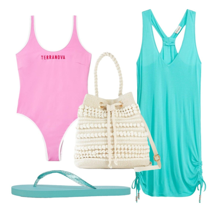 Outfit donna - Swimwear season. Stile Trendy per Mare. Abbinamento con vestiti da spiaggia, borse a secchiello, costumi interi, infradito.