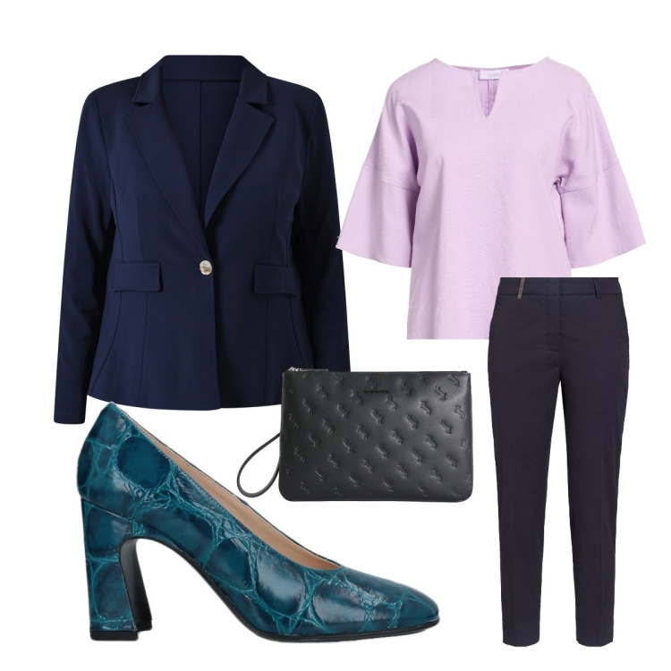 Outfit donna - Tailleur curvy per la cerimonia. Stile Mannish per Cerimonia. Abbinamento con décolleté, pantaloni, top, anelli, blazer.