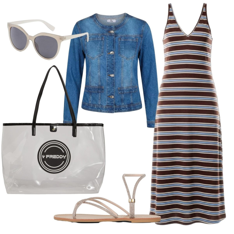 Outfit donna - In città. Stile Casual chic per Tutti i giorni. Abbinamento con occhiali da sole, vestiti lunghi, blazer, sandali, shopping bag.