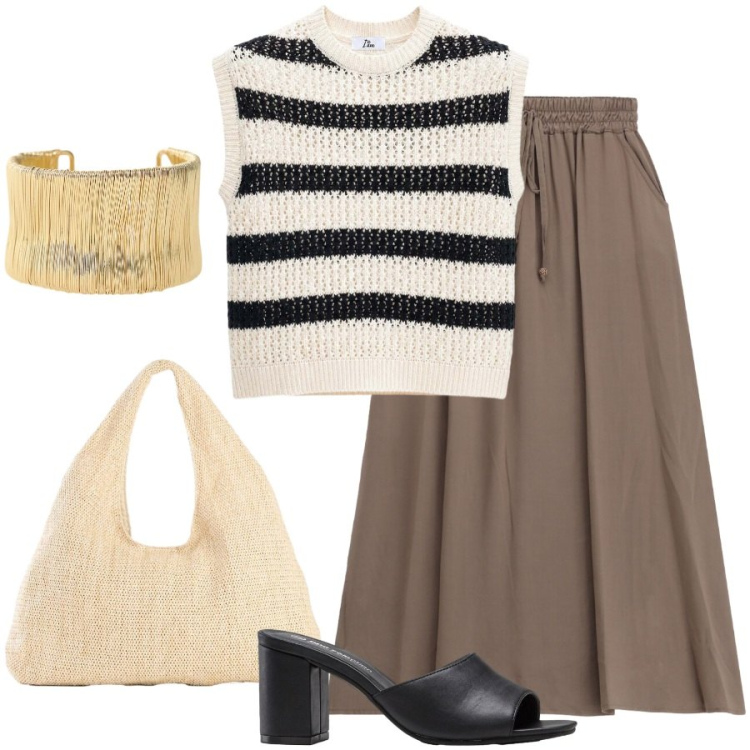 Outfit donna - In ufficio d\'estate. Stile Casual chic per Ufficio. Abbinamento con shopping bag, sandali col tacco, top, gonne lunghe, braccialetti.