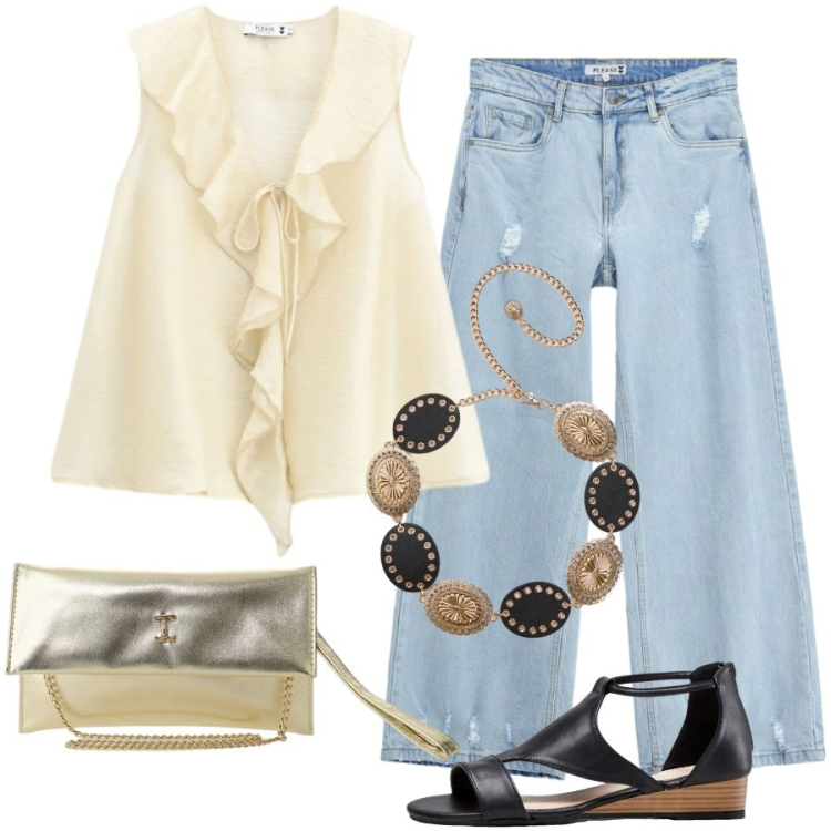 Outfit donna - Serata tra amiche. Stile Casual chic per Serata fuori. Abbinamento con sandali, cinture, top, jeans, borse a tracolla.