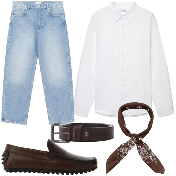 Outfit uomo - Ufficio style. Stile Casual per Ufficio. Abbinamento con camicie, sciarpe e foulard, jeans, scarpe stringate, cinture.