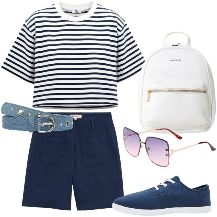 Outfit donna - La turista comoda. Stile Casual chic per Tutti i giorni. Abbinamento con sneakers, occhiali da sole, bermuda, cinture, zaini, t-shirt.