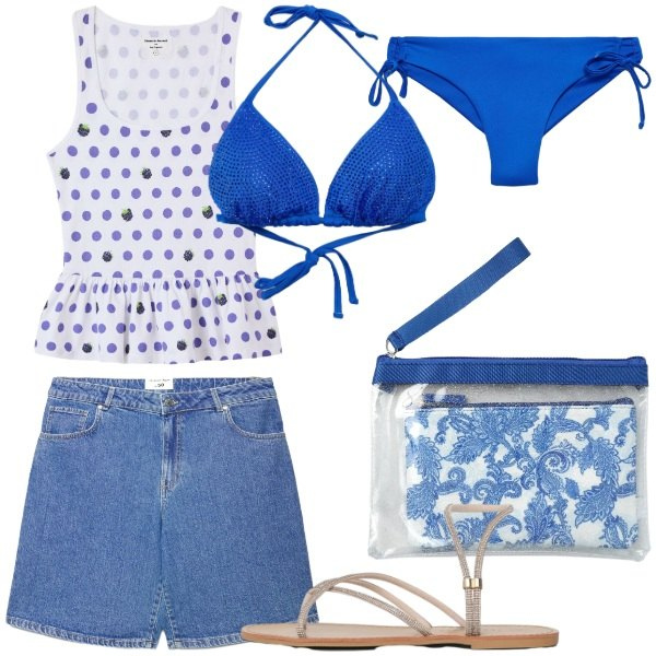 Outfit donna - nuovi look Terranova. Stile Casual chic per Mare. Abbinamento con canottiere, bermuda, pochette, sandali, bikini, bikini.