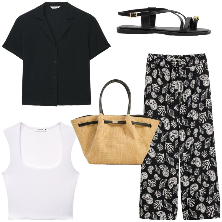 Outfit donna - Passeggiata serale sul lungomare. Stile Casual chic per Serata fuori. Abbinamento con shopping bag, sandali, pantaloni, top, camicie a manica corta.