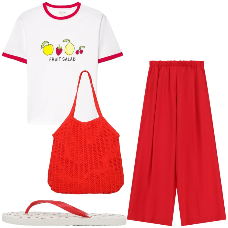 Outfit donna - Total look #2437378. Stile Casual per Mare. Abbinamento con t-shirt, shopping bag, infradito, pantaloni a palazzo.