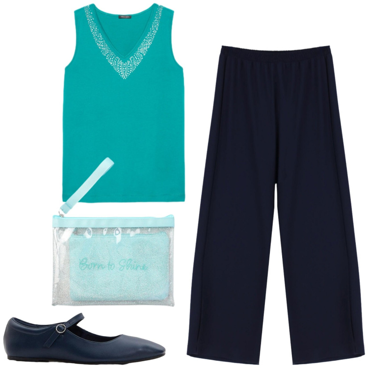 Outfit donna - Total look #2437379. Stile Casual chic per Tutti i giorni. Abbinamento con ballerine, pochette, pantaloni a palazzo, canottiere.