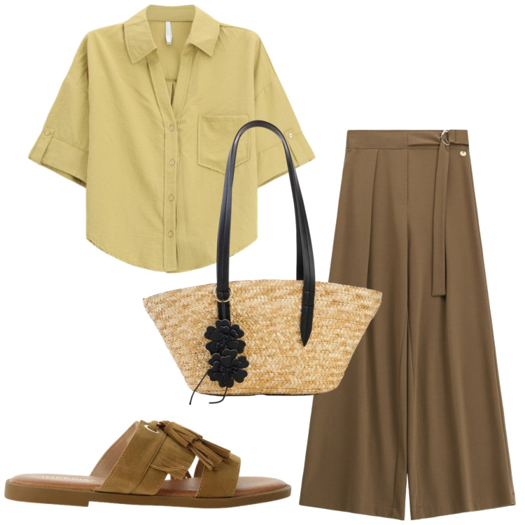 Outfit donna - Fresca e comoda. Stile Casual per Tutti i giorni. Abbinamento con shopping bag, camicie a manica corta, pantaloni a palazzo, sandali.
