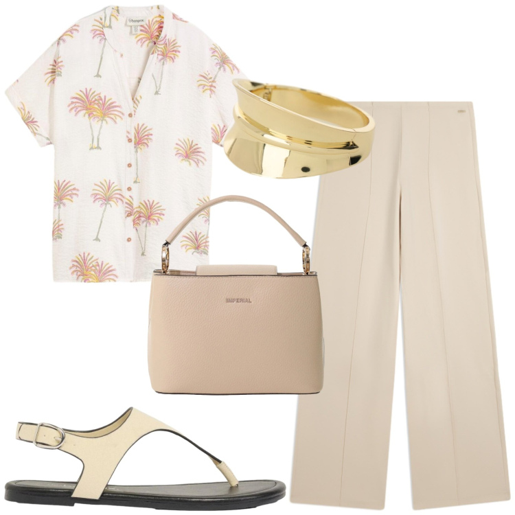 Outfit donna - Total look #2437381. Stile Casual per Tutti i giorni. Abbinamento con camicie a manica corta, infradito, borse a secchiello, braccialetti, pantaloni.