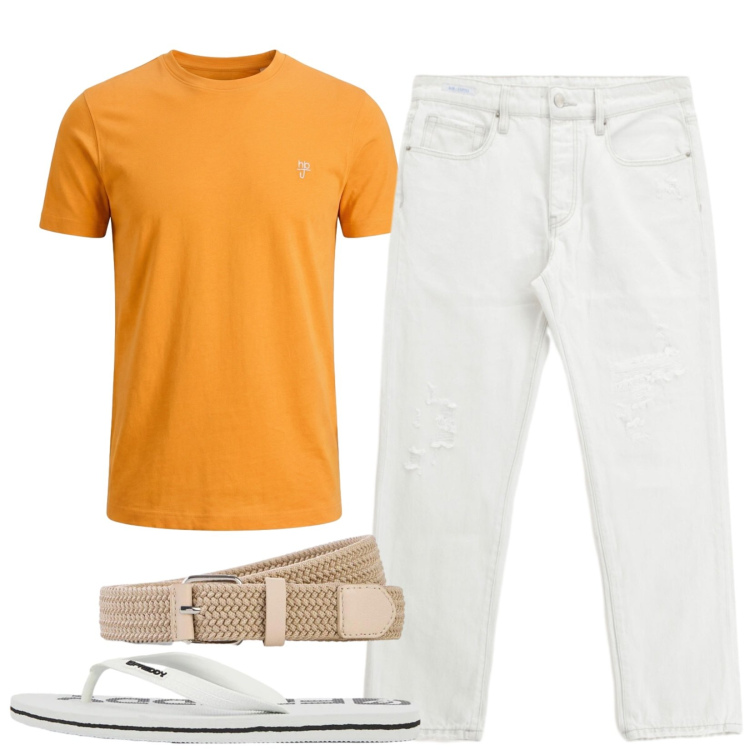 Outfit uomo - Total look #2437384. Stile Casual per Mare. Abbinamento con cinture, t-shirt, sandali, jeans dritti.