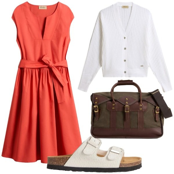 Outfit donna - Woolrich Summer Layers. Stile Casual chic per Tutti i giorni. Abbinamento con vestiti corti, sandali in pelle, borse a tracolla, cardigans.