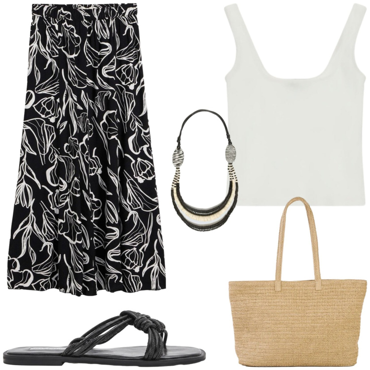Outfit donna - Look essenziale in città. Stile Urban per Tutti i giorni. Abbinamento con shopping bag, gonne lunghe, collane, top, sandali.