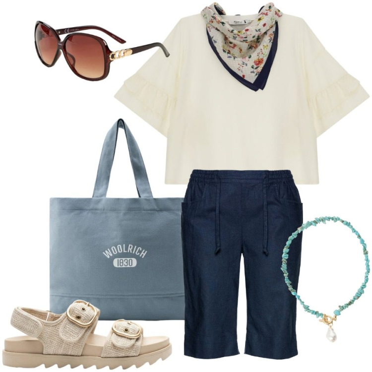 Outfit donna - In viaggio. Stile Casual chic per Tutti i giorni. Abbinamento con bermuda, sandali, occhiali da sole, top, borse tote, collane.
