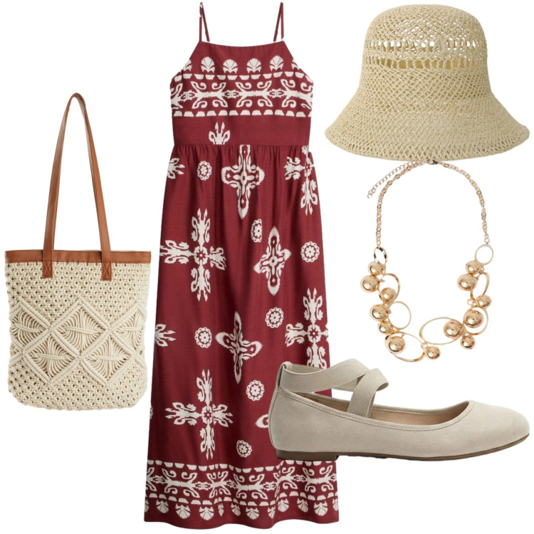 Outfit donna - Vacanza. Stile Casual per Mare. Abbinamento con vestiti, shopping bag, ballerine, cappelli, collane.