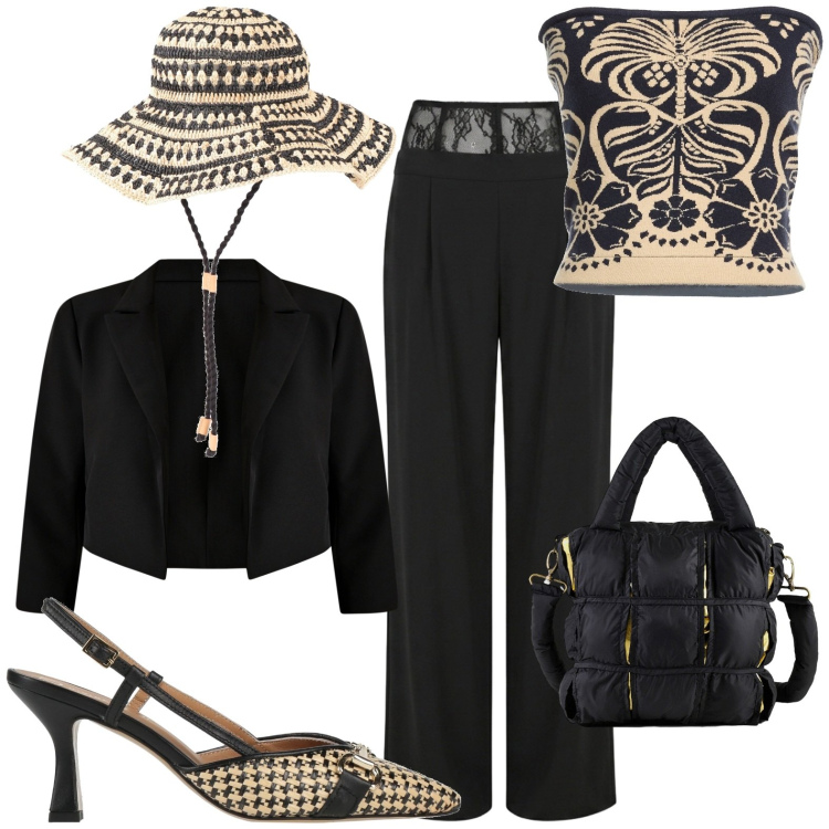 Outfit donna - Chic. Stile Chic per Serata fuori. Abbinamento con cappelli, décolleté, top, bolero, pantaloni a palazzo, borse a mano.