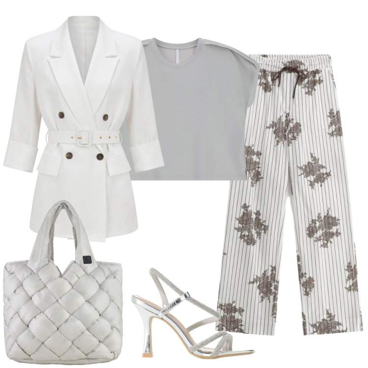 Outfit donna - Stile chic contemporaneo. Stile Chic per Cerimonia. Abbinamento con blazer, top, sandali col tacco, pantaloni a palazzo, borse tote.