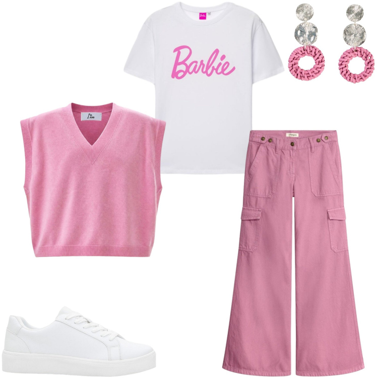 Outfit donna - Dopo il temporale. Stile Casual per Tutti i giorni. Abbinamento con sneakers, pantaloni cargo, orecchini, maglieria, t-shirt.