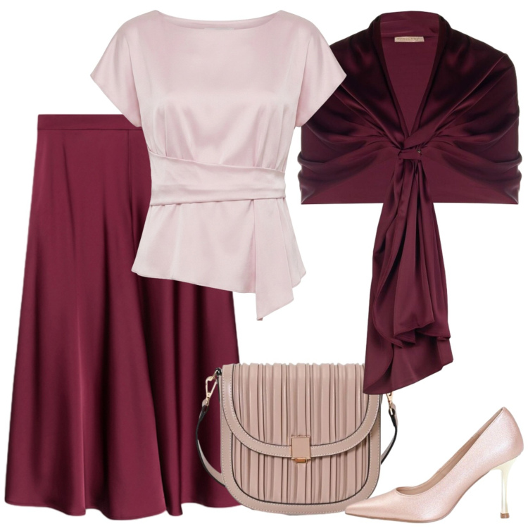 Outfit donna - Rosa e Borgogna per una cerimonia. Stile Bon Ton per Cerimonia. Abbinamento con bluse, stole, décolleté, borse a tracolla, gonne.