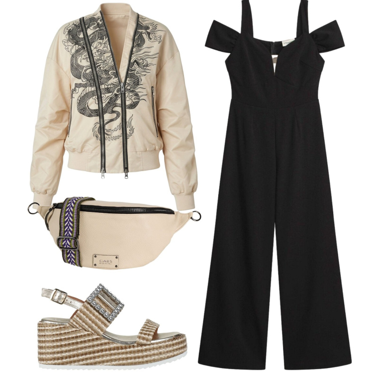 Outfit donna - Serate fresche. Stile Casual per Serata fuori. Abbinamento con marsupi, sandali in pelle, tute, bomber.