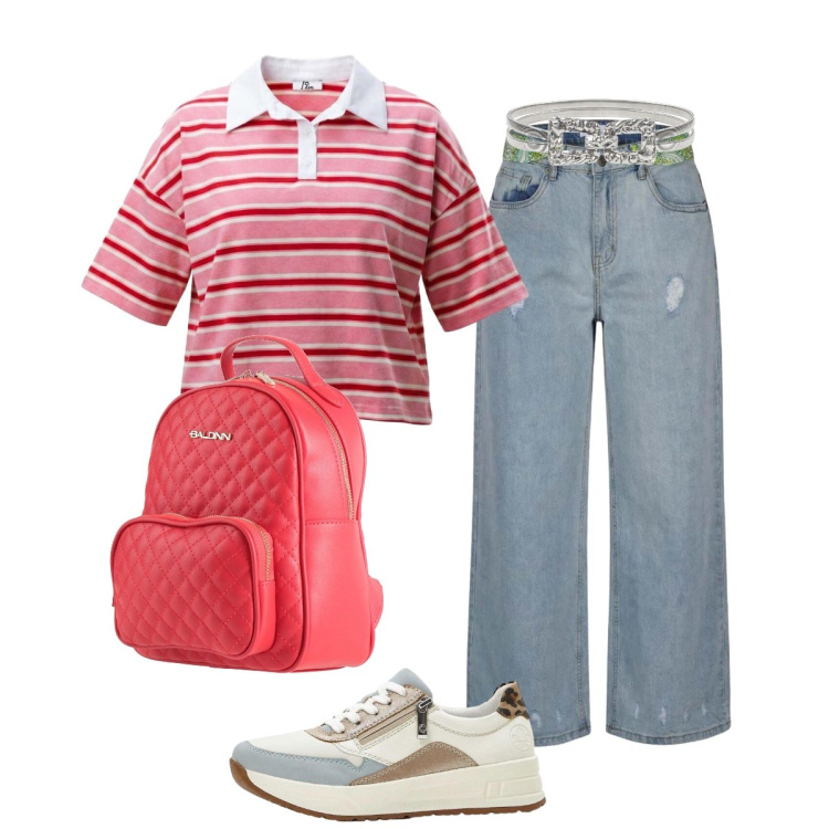 Outfit donna - A scuola. Stile Preppy per Scuola/Università. Abbinamento con zaini, sneakers, jeans strappati, polo, cinture.