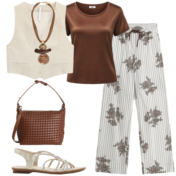Outfit donna - Total look #2437410. Stile Casual chic per Tutti i giorni. Abbinamento con sandali, t-shirt, borse a spalla, pantaloni a palazzo, gilet, ciondoli.