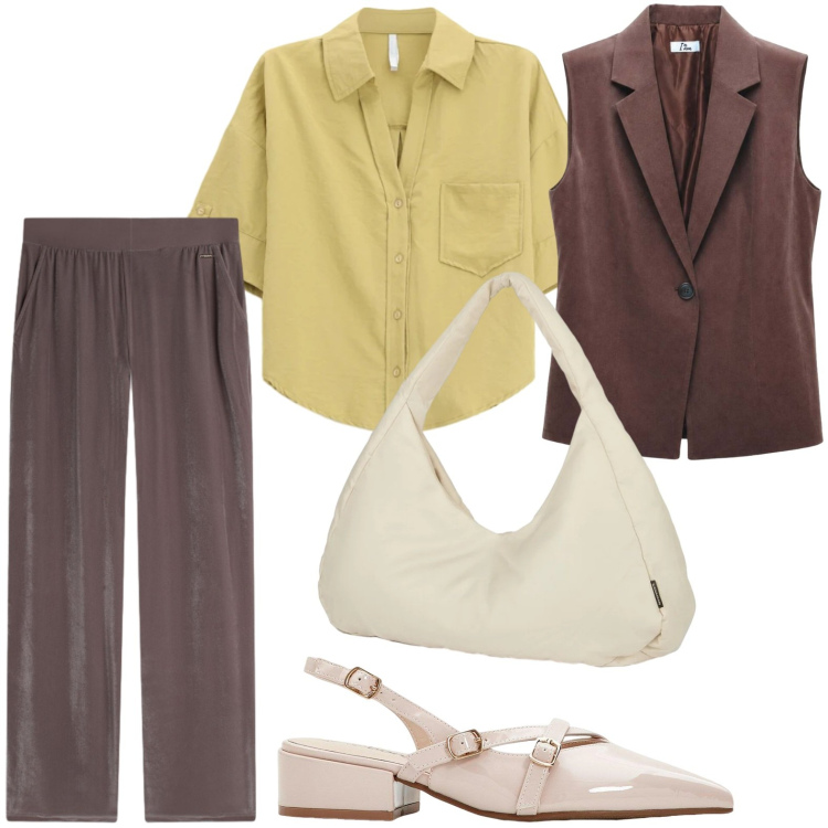 Outfit donna - Colori naturali. Stile Glamour per Tutti i giorni. Abbinamento con décolleté, gilet, pantaloni, borse a spalla, camicie a manica corta.