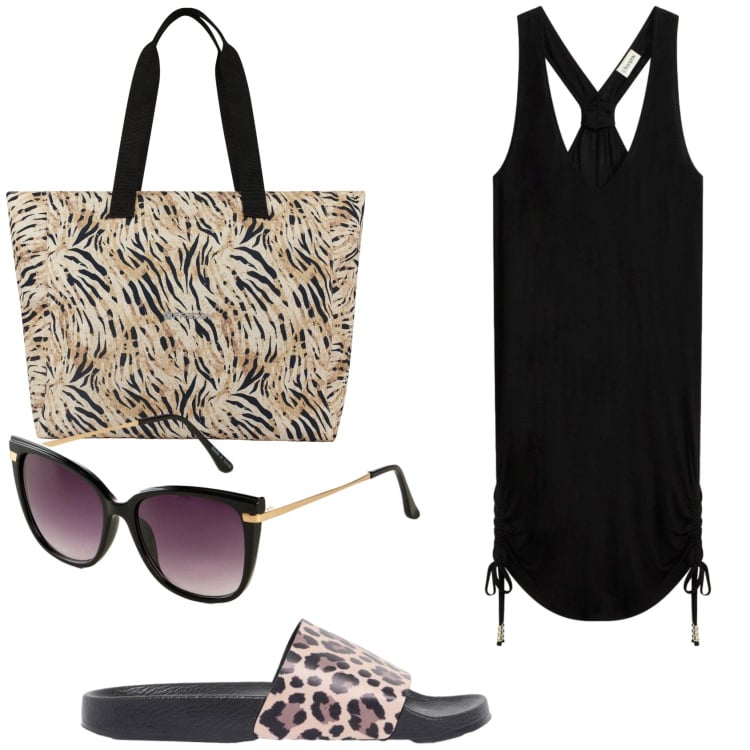 Outfit donna - Il prendisole Bon Prix. Stile Casual per Tutti i giorni. Abbinamento con vestiti da spiaggia, ciabatte, occhiali da sole, shopping bag.