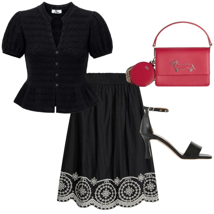 Outfit donna - Invito a cena. per Serata fuori. Abbinamento con gonne longuette, top, borse a tracolla, sandali col tacco.
