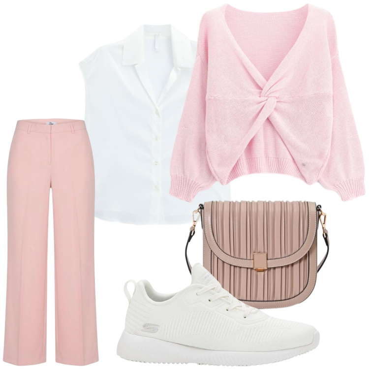 Outfit donna - Cardigan annodato. Stile Casual chic per Tutti i giorni. Abbinamento con sneakers, pantaloni a palazzo, cardigans, borse a tracolla, camicie a manica corta.