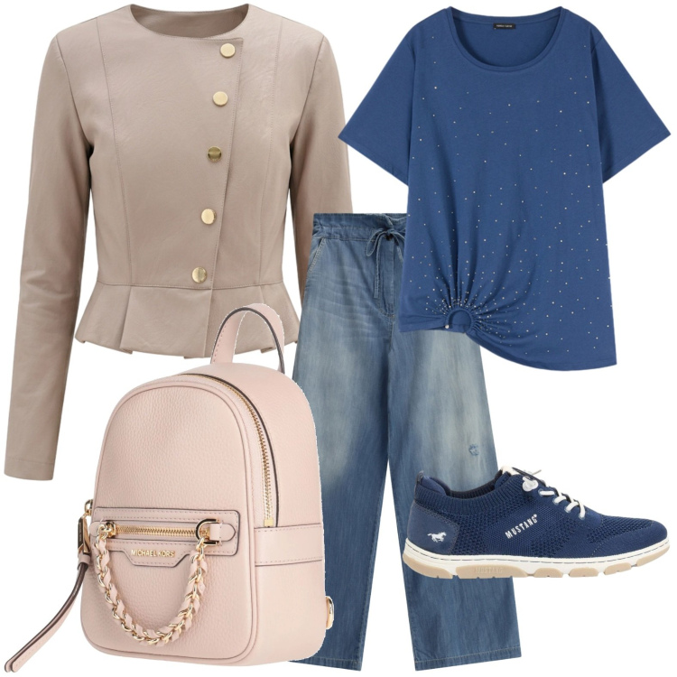 Outfit donna - T-shirt con dettaglio ad anello. Stile Trendy per Tutti i giorni. Abbinamento con zaini, sneakers, jeans, blazer, t-shirt.