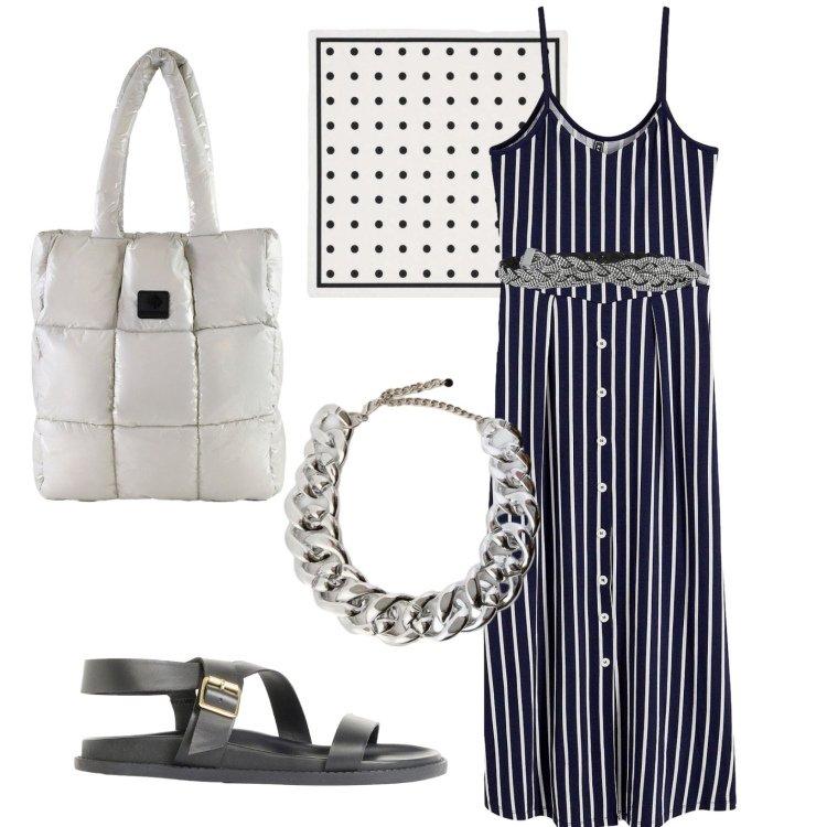 Outfit donna - Black and white. Stile Casual per Tutti i giorni. Abbinamento con vestiti midi/longuette, sandali, cinture, foulard, collane, shopping bag.