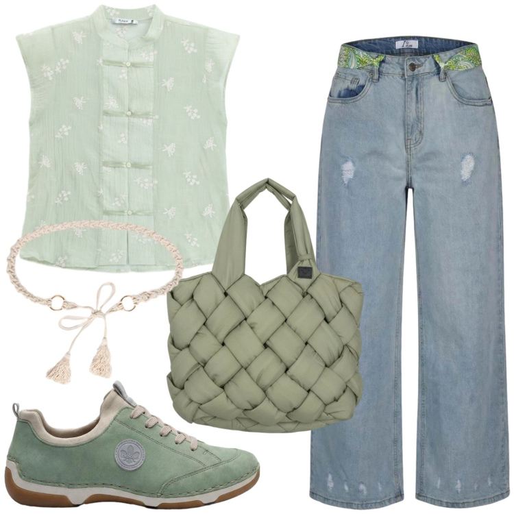 Outfit donna - Casual. Stile Casual per Tutti i giorni. Abbinamento con sneakers, jeans strappati, cinture, borse tote, camicie a manica corta.